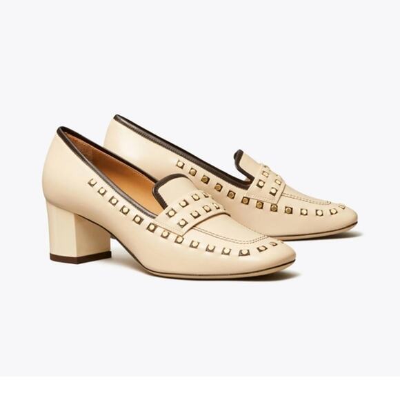 Tory Burch Cream Leather Studded Heeled Loafers in Dulce De Leche Womens 8.5 - Picture 1 of 10